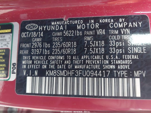 2015 Hyundai Santa Fe Gls მანქანა იყიდება აუქციონზე, vin: KM8SMDHF3FU094417, აუქციონის ნომერი: 45390352