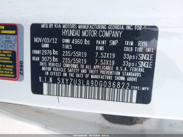 Aukcja sprzedaży 2013 Hyundai Santa Fe Sport 2.0t, vin: 5XYZU3LA9DG036822, numer aukcji: 45390364