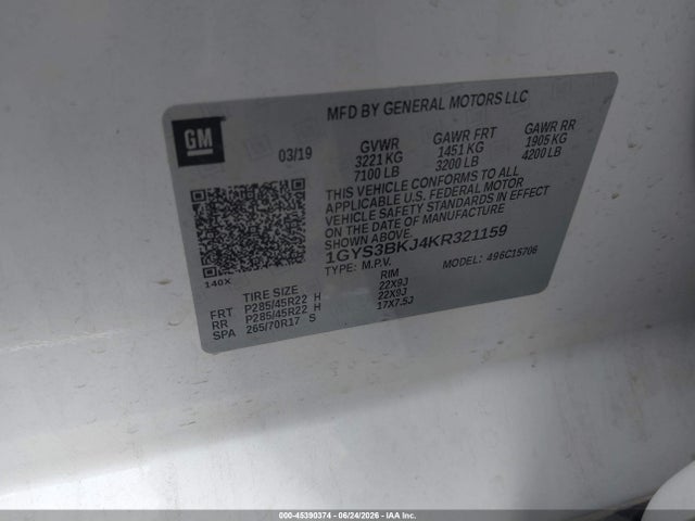 45390374 :رقم المزاد ، 1GYS3BKJ4KR321159 vin ، 2019 Cadillac Escalade Luxury مزاد بيع
