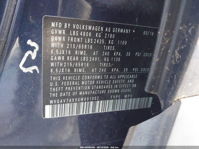 45390389 :رقم المزاد ، WVGAV7AX9GW601002 vin ، 2016 Volkswagen Tiguan S مزاد بيع