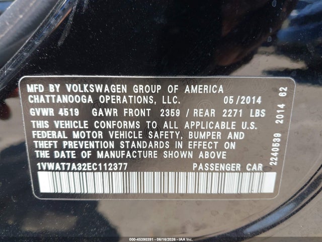 45390391 :رقم المزاد ، 1VWAT7A32EC112377 vin ، 2014 Volkswagen Passat 1.8t Wolfsburg Edition مزاد بيع