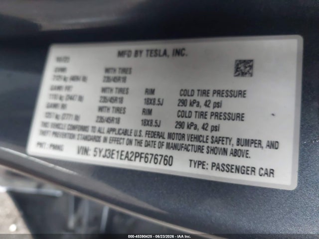 5YJ3E1EA2PF676760 Tesla Model 3 Rear-wheel Drive
