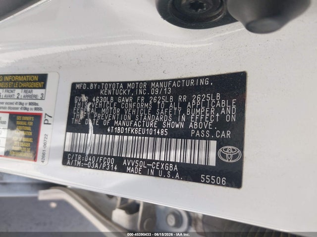 45390433 :رقم المزاد ، 4T1BD1FK6EU101485 vin ، 2014 Toyota Camry Hybrid Xle مزاد بيع