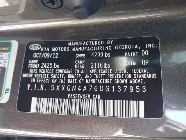 Aukcja sprzedaży 2013 Kia Optima Ex, vin: 5XXGN4A76DG137953, numer aukcji: 45390469