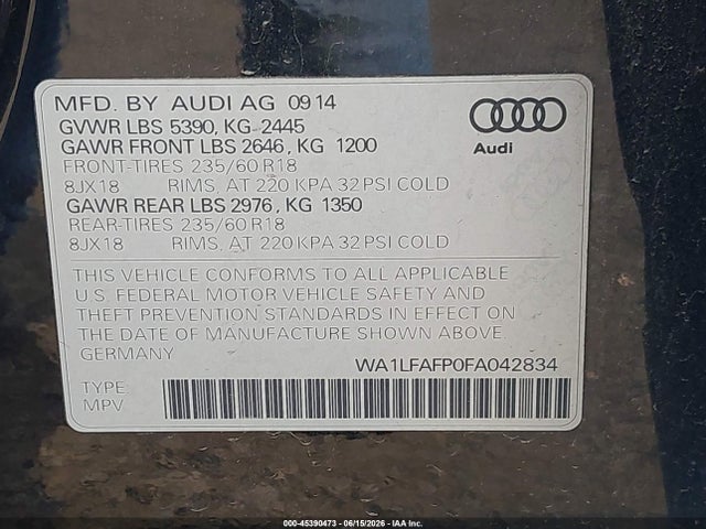 Aukcja sprzedaży 2015 Audi Q5 2.0t Premium, vin: WA1LFAFP0FA042834, numer aukcji: 45390473