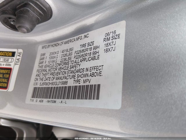 Honda Cr-v Touring 2016 5J6RM3H90GL019988 Image 9
