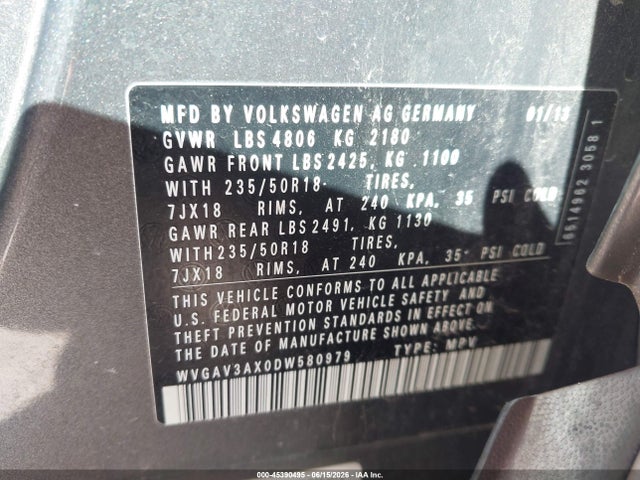 Aukcja sprzedaży 2013 Volkswagen Tiguan Se, vin: WVGAV3AX0DW580979, numer aukcji: 45390495