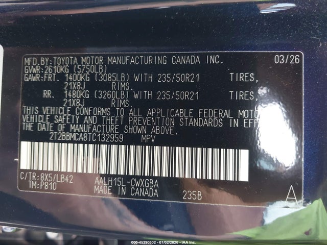 45390502 :رقم المزاد ، 2T2BBMCA8TC132959 vin ، 2026 Lexus Rx 350h Premium+ مزاد بيع