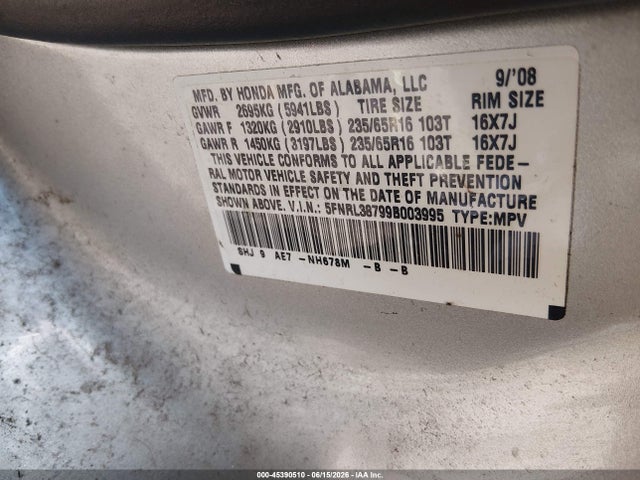 45390510 :رقم المزاد ، 5FNRL38799B003995 vin ، 2009 Honda Odyssey Ex-l مزاد بيع