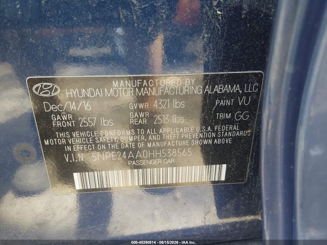Auction sale of the 2017 Hyundai Sonata Eco, vin: 5NPE24AA0HH538565, lot number: 45390514