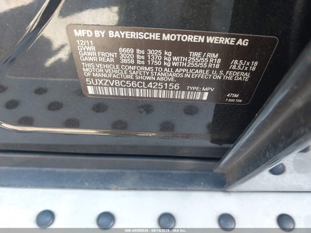 Aukcja sprzedaży 2012 Bmw X5 Xdrive50i, vin: 5UXZV8C56CL425156, numer aukcji: 45390526