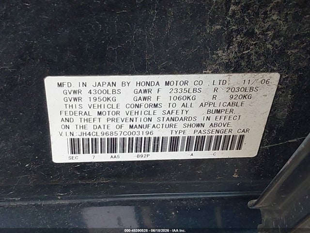 Aukcja sprzedaży 2007 Acura Tsx, vin: JH4CL96857C003196, numer aukcji: 45390528