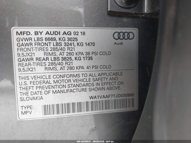 2018 Audi Q7 3.0t Premium მანქანა იყიდება აუქციონზე, vin: WA1VAAF77JD030968, აუქციონის ნომერი: 45390537