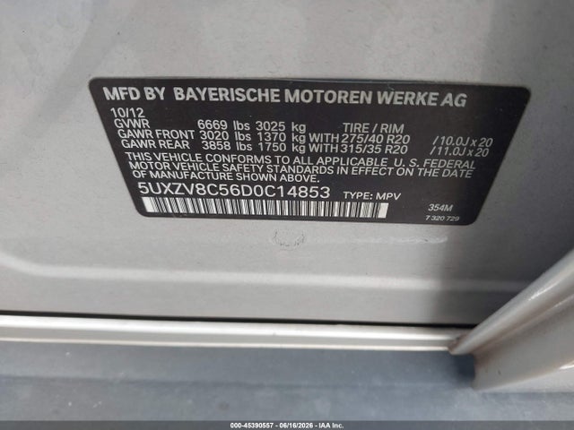 Aukcja sprzedaży 2013 Bmw X5 Xdrive50i, vin: 5UXZV8C56D0C14853, numer aukcji: 45390557