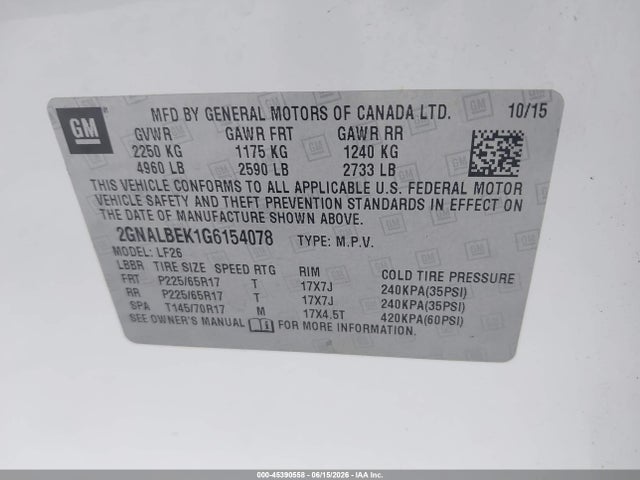 Продаж на аукціоні авто 2016 Chevrolet Equinox Ls, vin: 2GNALBEK1G6154078, номер лоту: 45390558