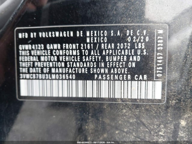 Aukcja sprzedaży 2020 Volkswagen Jetta 1.4t R-line/1.4t S/1.4t Se, vin: 3VWCB7BU3LM036540, numer aukcji: 45390572