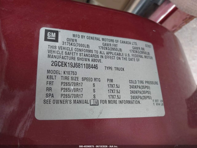 Aukcja sprzedaży 2008 Chevrolet Silverado 1500 Lt1, vin: 2GCEK19J681108446, numer aukcji: 45390578