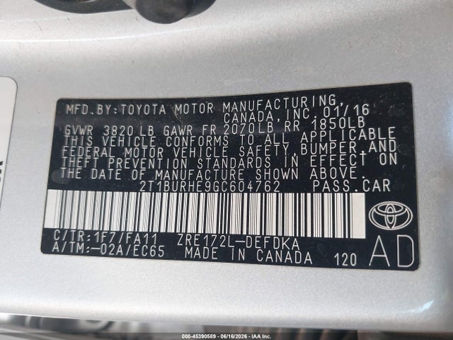 2T1BURHE9GC604762 Toyota COROLLA L
