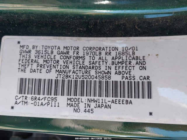 2002 Toyota Prius მანქანა იყიდება აუქციონზე, vin: JT2BK12U520045858, აუქციონის ნომერი: 45390590