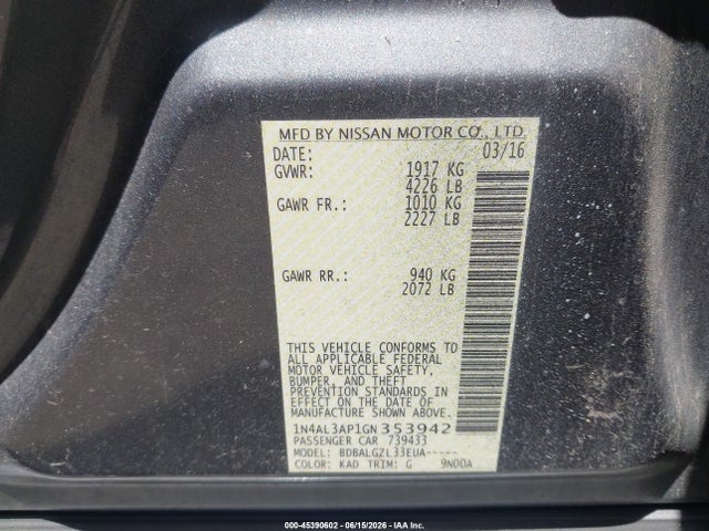 Aukcja sprzedaży 2016 Nissan Altima 2.5/2.5 S/2.5 Sl/2.5 Sr/2.5 Sv, vin: 1N4AL3AP1GN353942, numer aukcji: 45390602