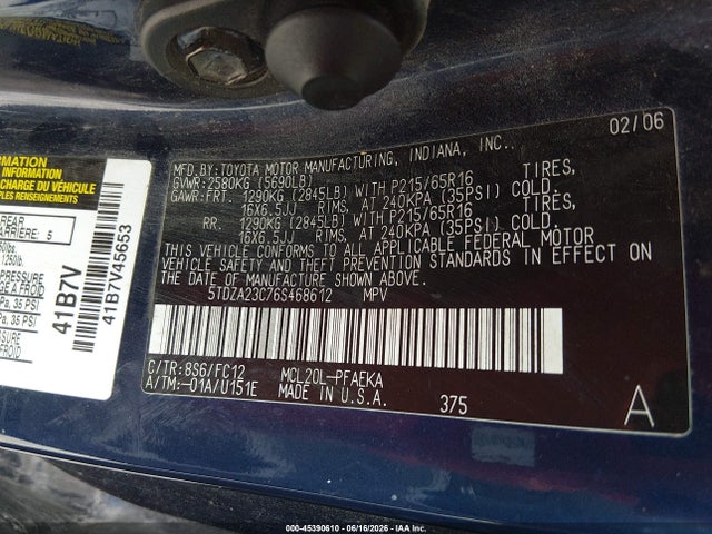 Aukcja sprzedaży 2006 Toyota Sienna Le, vin: 5TDZA23C76S468612, numer aukcji: 45390610