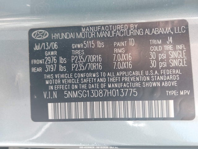 Продаж на аукціоні авто 2007 Hyundai Santa Fe Gls, vin: 5NMSG13D87H013775, номер лоту: 45390626