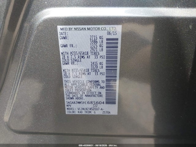 Aukcja sprzedaży 2015 Nissan Pathfinder S, vin: 5N1AR2MM5FC685604, numer aukcji: 45390631