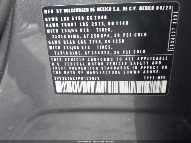 45390635 :رقم المزاد ، 3VV3B7AX1PM123679 vin ، 2023 Volkswagen Tiguan 2.0t Se مزاد بيع