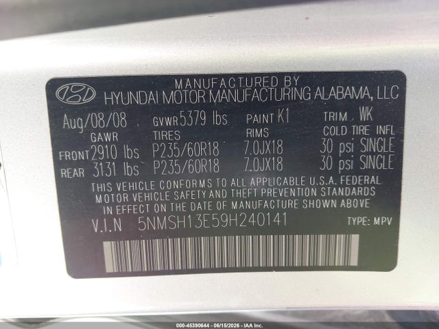 Aukcja sprzedaży 2009 Hyundai Santa Fe Limited, vin: 5NMSH13E59H240141, numer aukcji: 45390644