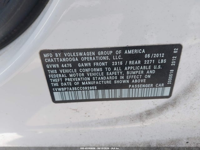 45390656 :رقم المزاد ، 1VWBP7A35CC092955 vin ، 2012 Volkswagen Passat 2.5l Se مزاد بيع
