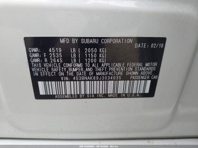 Aukcja sprzedaży 2018 Subaru Legacy 2.5i Limited, vin: 4S3BNAK69J3034035, numer aukcji: 45390663