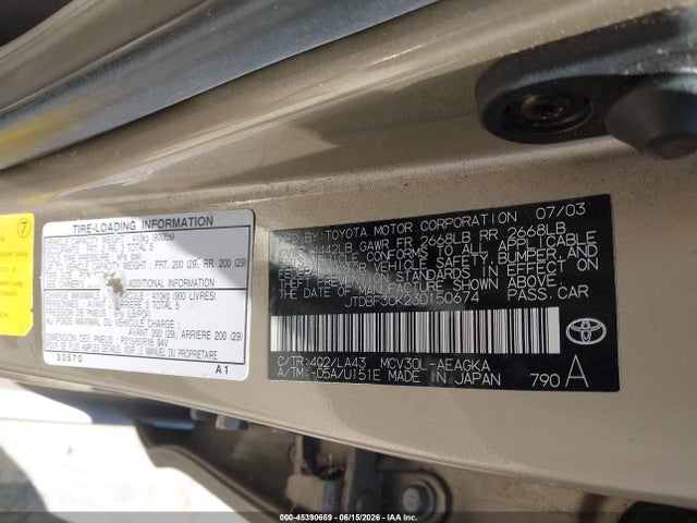 Aukcja sprzedaży 2003 Toyota Camry Xle V6, vin: JTDBF30K230150674, numer aukcji: 45390669