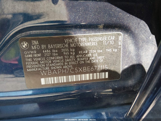2011 Bmw 328i მანქანა იყიდება აუქციონზე, vin: WBAPH7C5XBE677115, აუქციონის ნომერი: 45390670