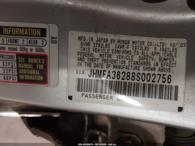 Aukcja sprzedaży 2008 Honda Civic Hybrid, vin: JHMFA36288S002756, numer aukcji: 45390678