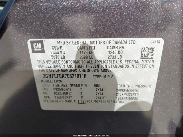 45390691 :رقم المزاد ، 2GNFLFEK7E6310716 vin ، 2014 Chevrolet Equinox Lt مزاد بيع