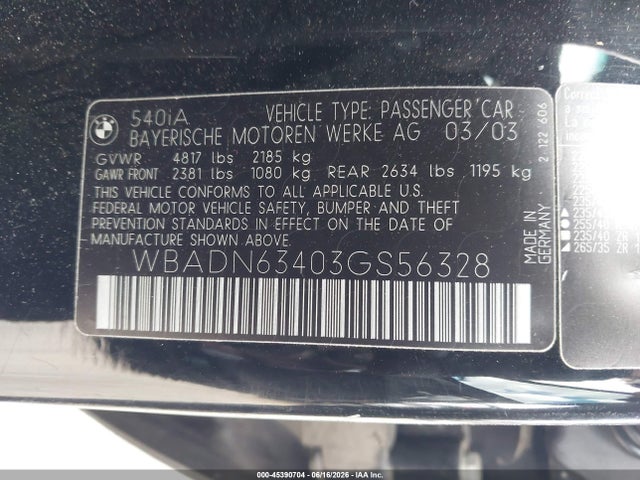 45390704 :رقم المزاد ، WBADN63403GS56328 vin ، 2003 Bmw 540ia مزاد بيع