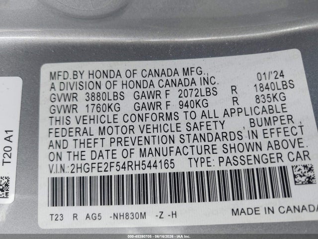 2HGFE2F54RH544165 Honda Civic Sport