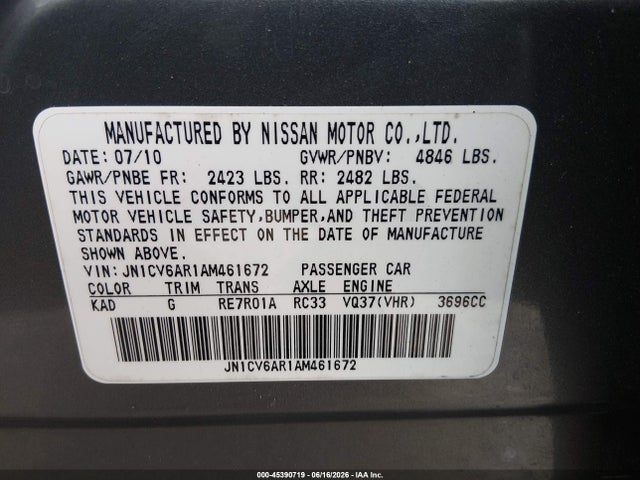 2010 Infiniti G37x მანქანა იყიდება აუქციონზე, vin: JN1CV6AR1AM461672, აუქციონის ნომერი: 45390719