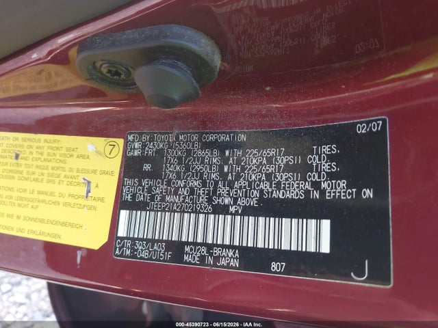 Продажа на аукционе авто 2007 Toyota Highlander Limited W/3rd Row, vin: JTEEP21A270219326, номер лота: 45390723