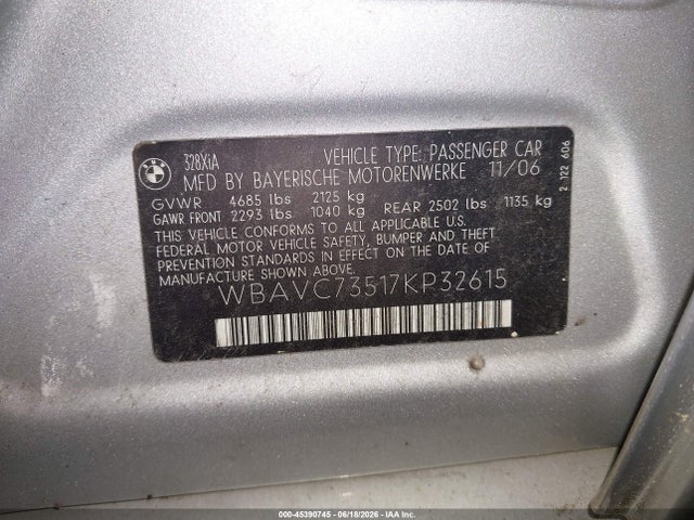 45390745 :رقم المزاد ، WBAVC73517KP32615 vin ، 2007 Bmw 328xi مزاد بيع