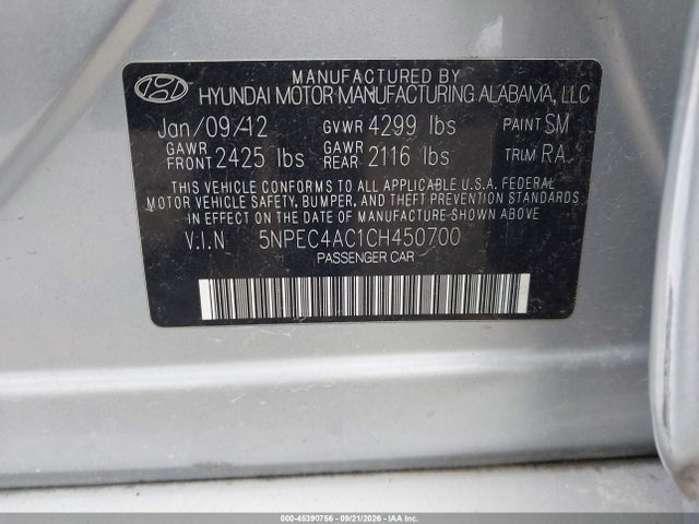 45390756 :رقم المزاد ، 5NPEC4AC1CH450700 vin ، 2012 Hyundai Sonata Se مزاد بيع