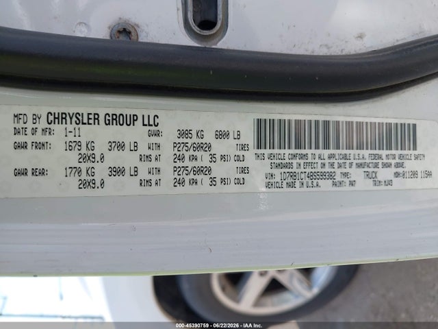 2011 Ram Ram 1500 Slt მანქანა იყიდება აუქციონზე, vin: 1D7RB1CT4BS599382, აუქციონის ნომერი: 45390759