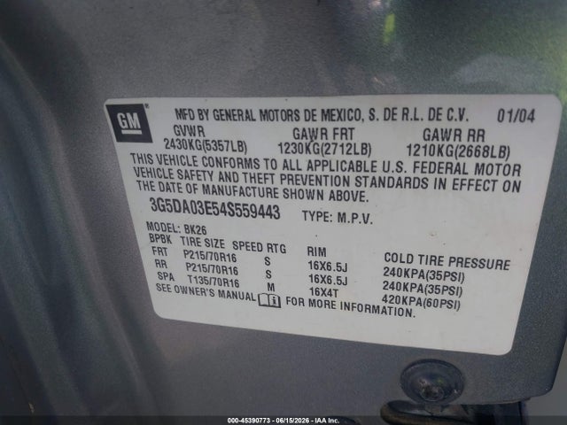 Продажа на аукционе авто 2004 Buick Rendezvous Cx, vin: 3G5DA03E54S559443, номер лота: 45390773