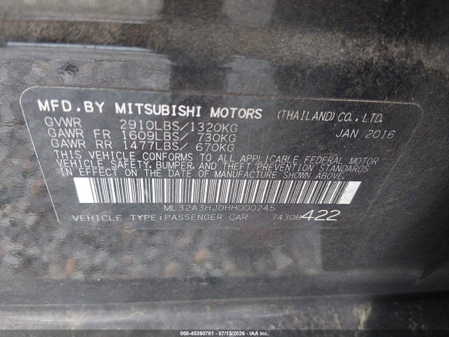 Продаж на аукціоні авто 2017 Mitsubishi Mirage Es, vin: ML32A3HJ0HH000245, номер лоту: 45390781