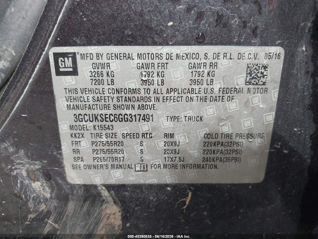 Продажа на аукционе авто 2016 Chevrolet Silverado 1500 1lz, vin: 3GCUKSEC6GG317491, номер лота: 45390835