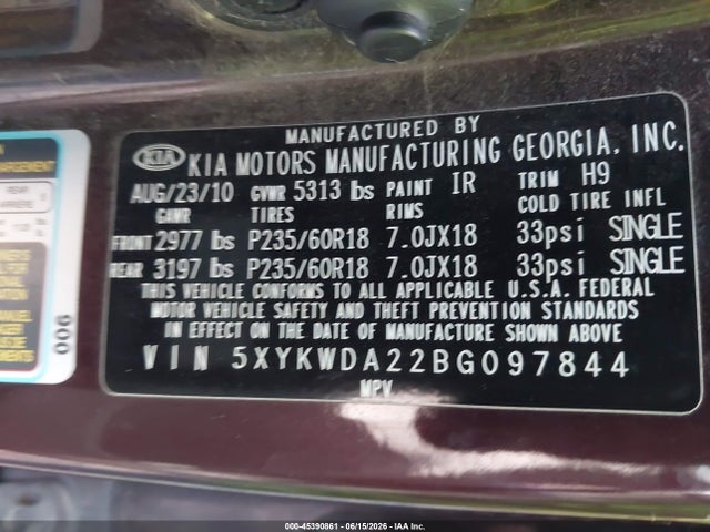45390861 :رقم المزاد ، 5XYKWDA22BG097844 vin ، 2011 Kia Sorento Sx V6 مزاد بيع