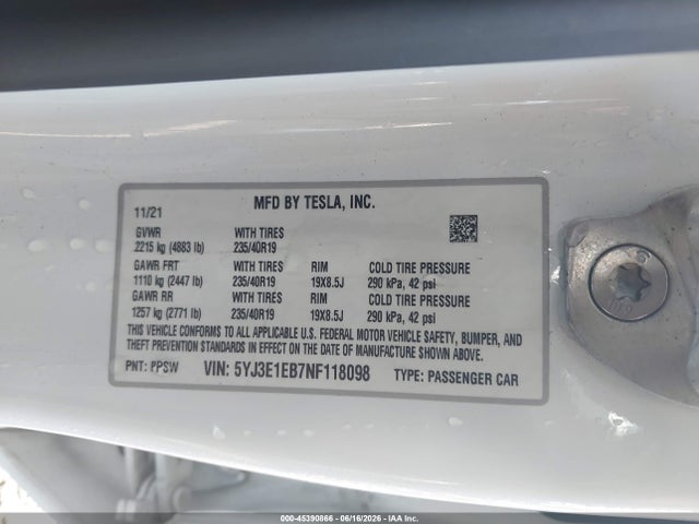 Aukcja sprzedaży 2022 Tesla Model 3 Long Range Dual Motor All-wheel Drive, vin: 5YJ3E1EB7NF118098, numer aukcji: 45390866