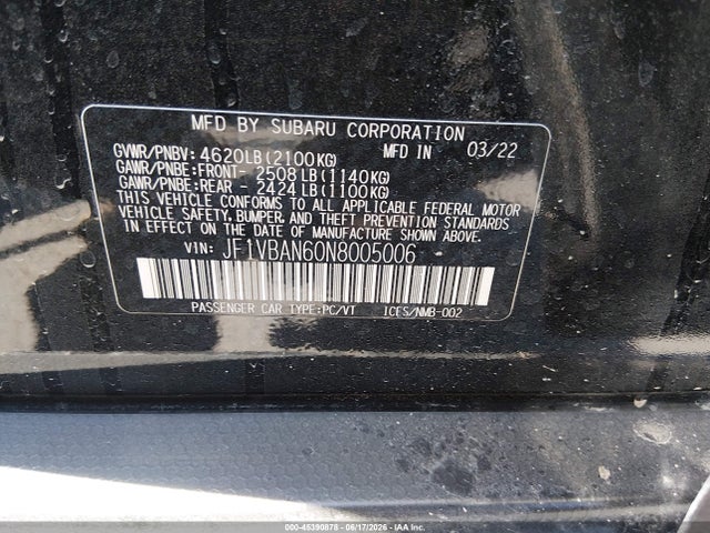 Продажа на аукционе авто 2022 Subaru Wrx Limited, vin: JF1VBAN60N8005006, номер лота: 45390878