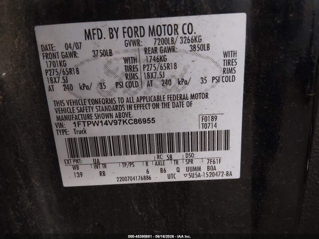 Aukcja sprzedaży 2007 Ford F-150 Fx4/lariat/xlt, vin: 1FTPW14V97KC86955, numer aukcji: 45390881