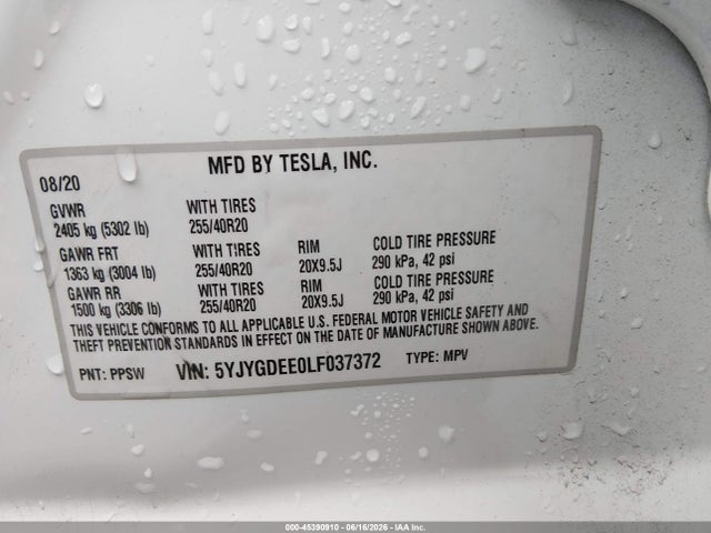 Aukcja sprzedaży 2020 Tesla Model Y Long Range Dual Motor All-wheel Drive, vin: 5YJYGDEE0LF037372, numer aukcji: 45390910